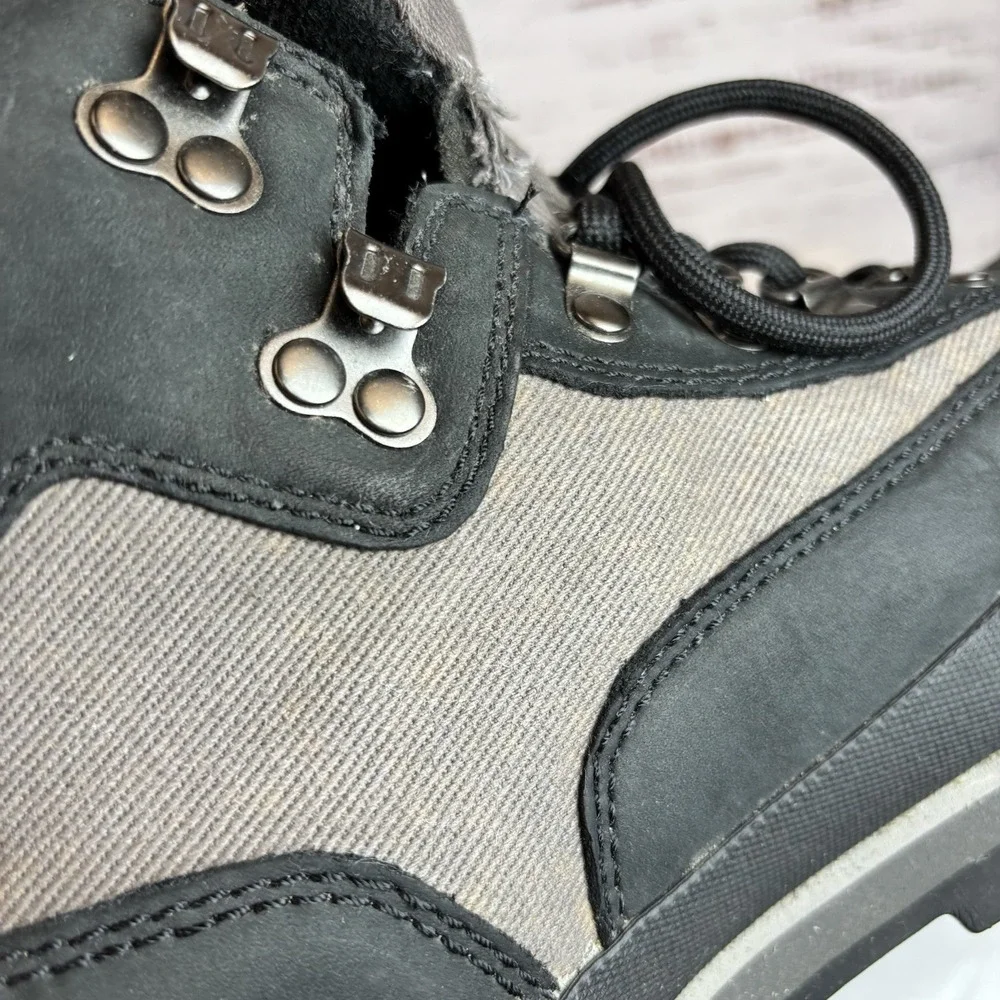 Timberland Boots 12 Euro Hikers Large Logo Embroidered Gray Black Suede 36077